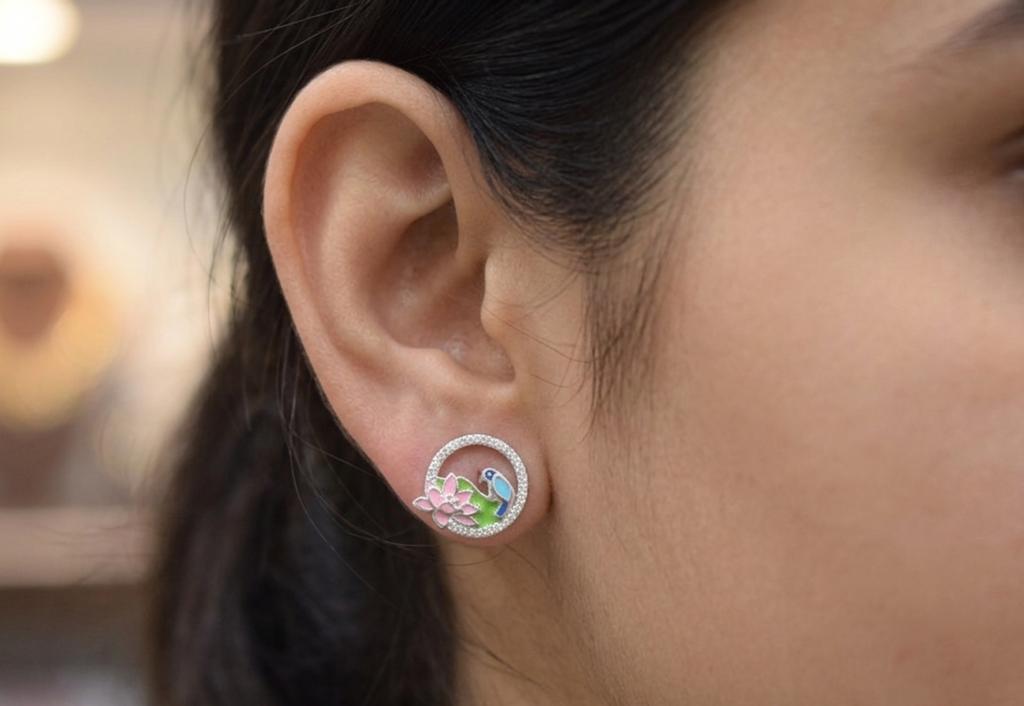 Enchanted Lotus & Songbird Enamel Stud Earrings