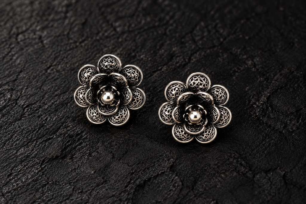 Silver Filigree Floral Stud Earrings