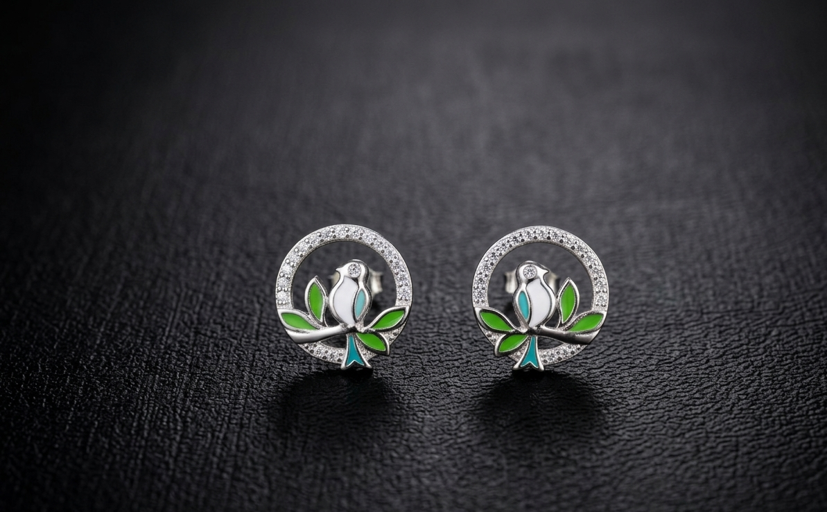 925 Sterling Silver & Enamel Bird Stud Earrings
