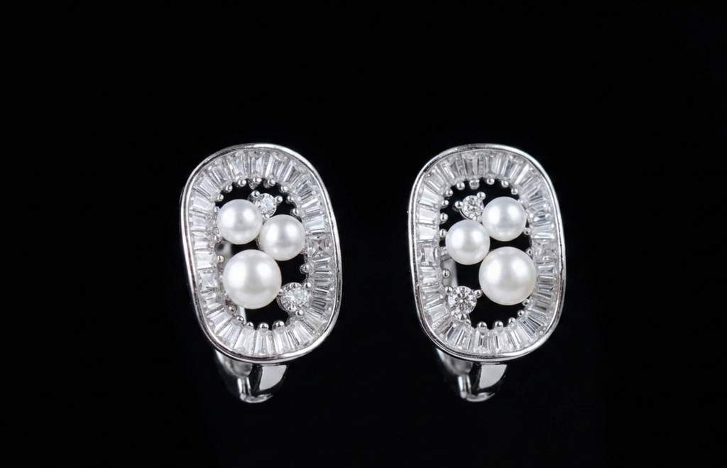 Elegant Oval Pearl & Baguette Crystal Stud Earrings