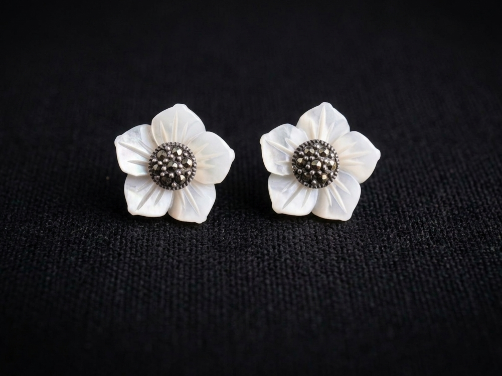 White Mother of Pearl & Marcasite Floral Studs